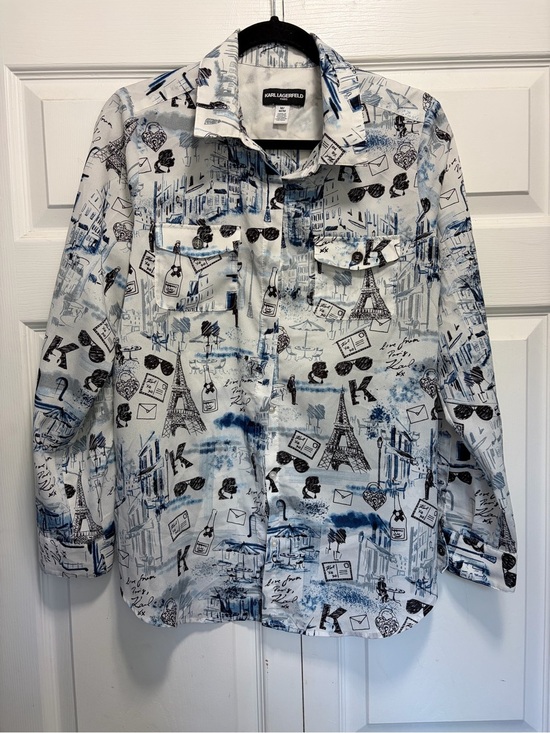 Karl Lagerfeld Tops - Karl Lagerfeld Paris Print Button-Down Shirt M White Blue Novelty